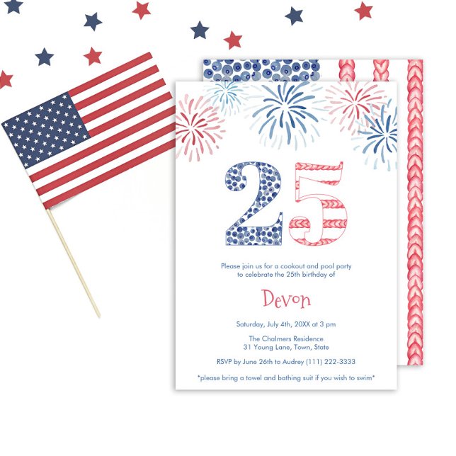 Invitation Patriotique Rouge Blanc & Bleu Amusant 25e anniver (This 25th birthday invitation sets the scene for a fun and patriotic 25th birthday party)