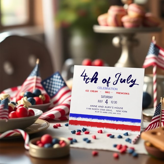 Invitation Patriotique Rouge Blanc Bleu Main Peint 4 juillet (minimalist and elegant modern invitation for your 4th july family gathering!)
