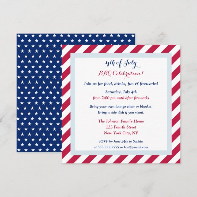 Invitation Patriotique Rouge Blanc et Bleu 4 juillet BBQ Part (Devant / Derrière)