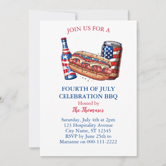 Invitation Patriotique Rouge Blanc et Bleu 4 juillet BBQ Part (Devant)