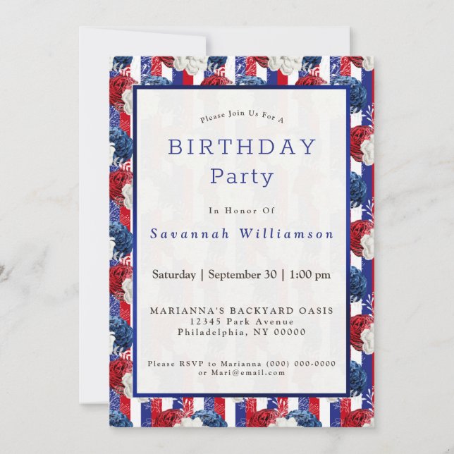 Invitation Patriotique Rouge Bleu Bleu Rose Frappe Anniversai (Devant)