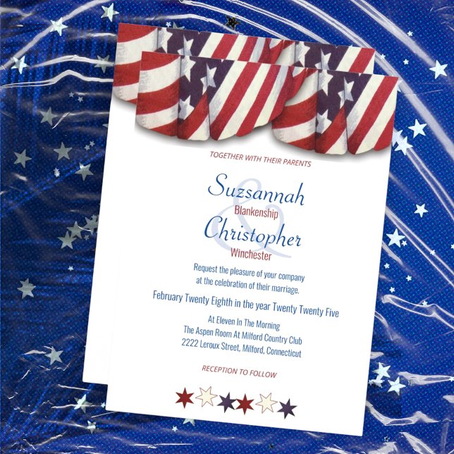 Invitation Patriotique Rouge Bleu Bleu Top Étoiles Bas (front & back of red, white, and blue bunting wedding invitation template)