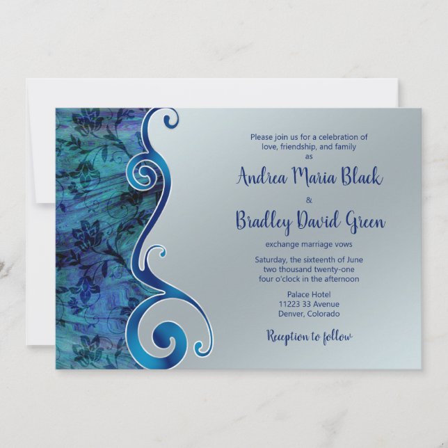 Invitation Paua Blue Silver Floral Scroll (Devant)