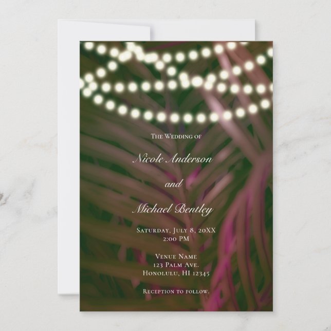 Invitation Paume Tropical Rose Vert Feuilles & Mariage Lumièr (Devant)