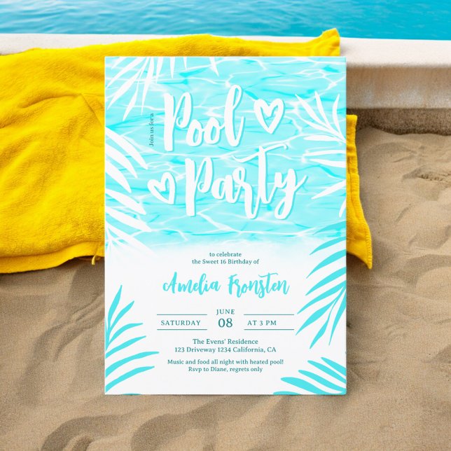 Invitation Paume tropicale été piscine bleue fête Sweet 16 (Tropical palm summer blue pool party Sweet 16 Invitation)