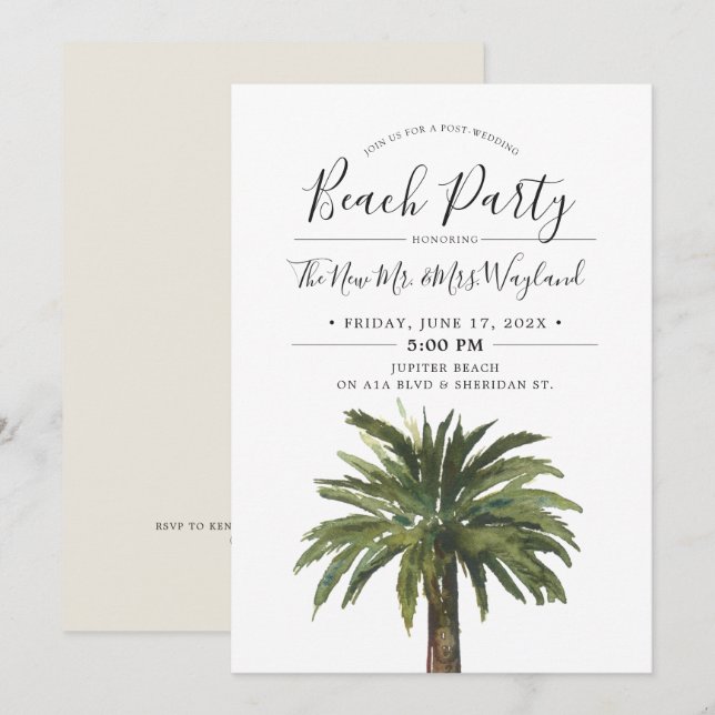 Invitation Paumes poussiéreuses | Fête de plage après mariage (Devant / Derrière)