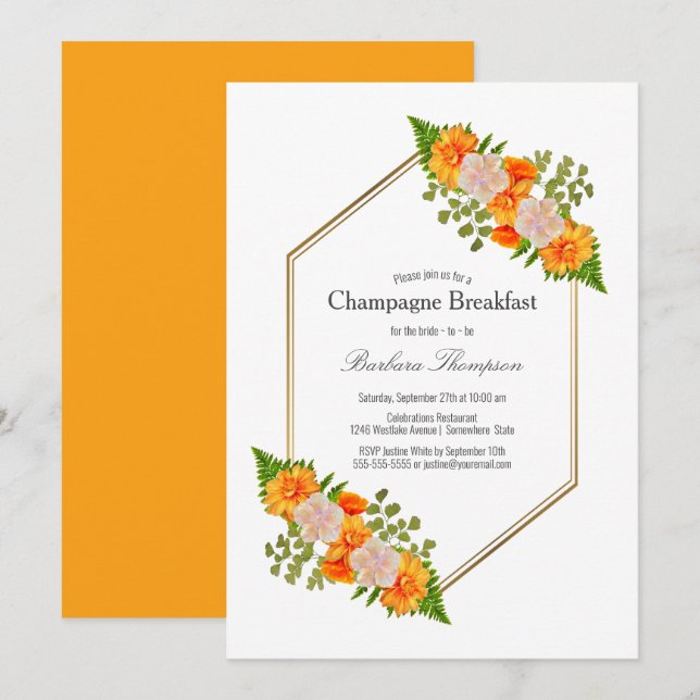 Invitation Pause champagne Florale Orange Géométrique Or (Devant / Derrière)