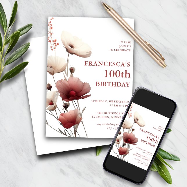 Invitation Pavot rose et blanc 100e anniversaire (Créateur téléchargé)