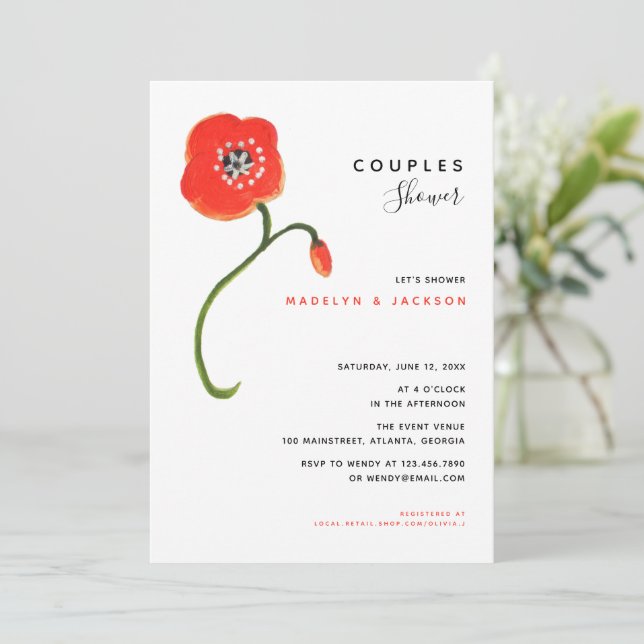 Invitation Pavot rouge moderne fleurie couples douche (Debout devant)