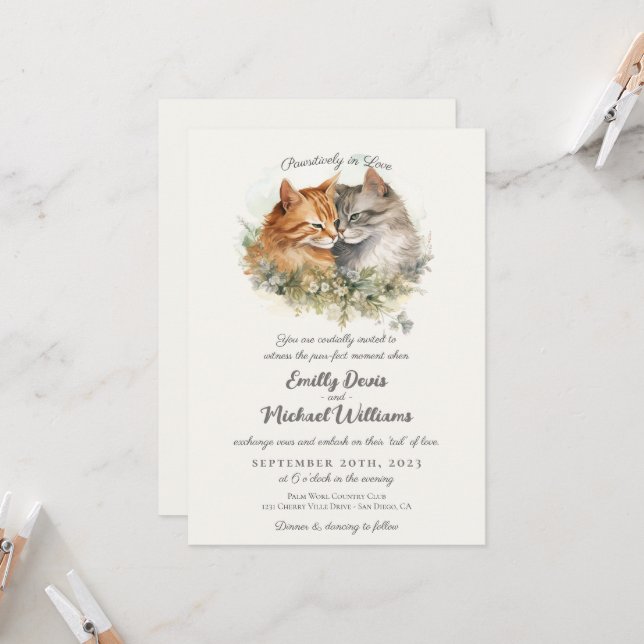 Invitation Pawsitly in Love Romantic Chat Couple Mariage (Devant/Arrière en situation)