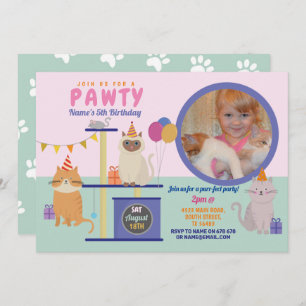 Invitation Pawty Birthday Cat Kitten Paw Girls Fun Photo