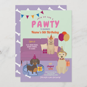 Invitation Pawty Birthday Dogs Party Puppy s'amuse violette