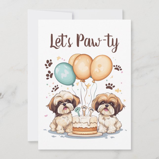 Invitation Pawty Birthday Shih Tzu Dogs Birthday Cake (Devant)