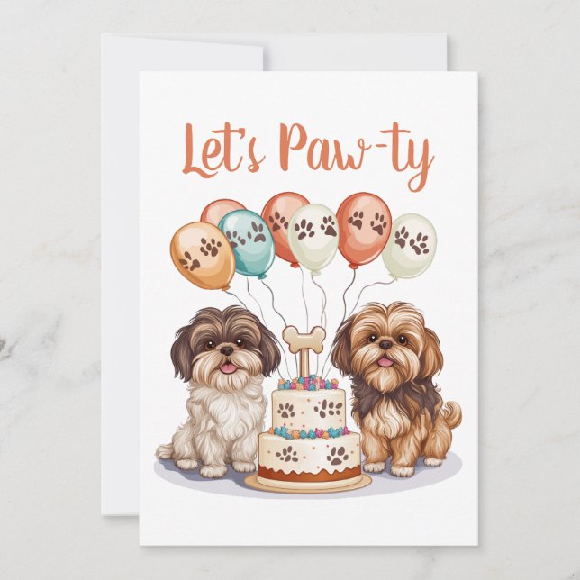 Invitation Pawty Birthday Shih Tzu Dogs Birthday Cake (Devant)