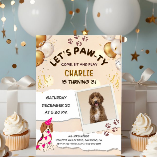 Invitation Pawty Chien Chien Chien Coquelicot Photo Anniversa (Lets pawty pets birthday invitation)