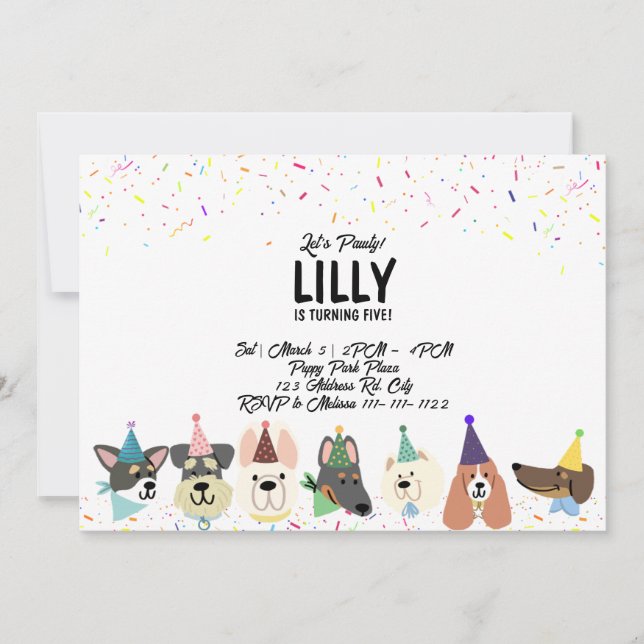 Invitation Pawty, Chiens de Fête, Anniversaire de Confetti (Devant)