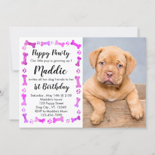 Invitation Pawty Chiot - Fille Rose Pet - Chien Anniversaire 