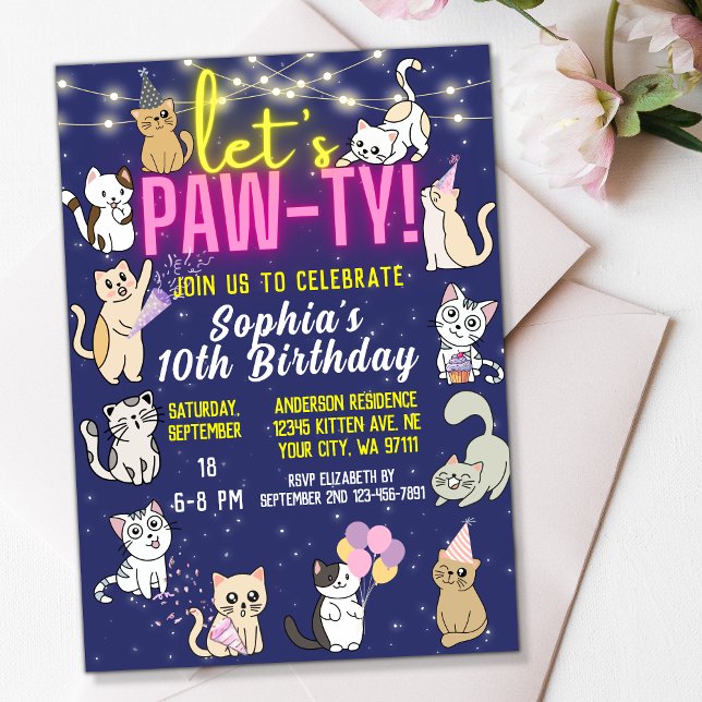 Invitation Pawty Neon rose brillant mignon Kittens Fête des c (Créateur téléchargé)