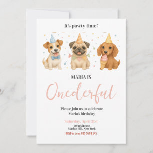 Invitation Pawty Time Chien Chien Chien Coquelicot ONE derful