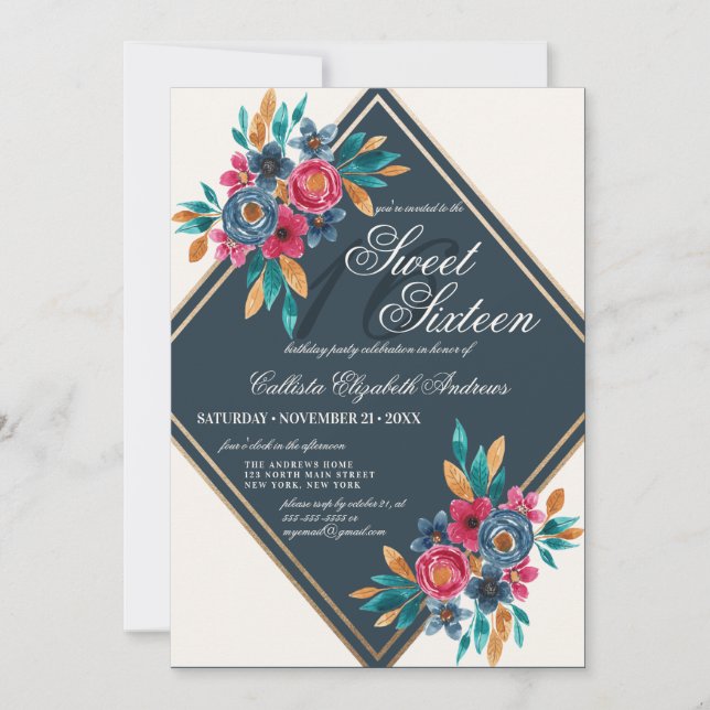 Invitation Pays Automne Bleu Aquarelle Or Fleurs Douces 16 (Devant)