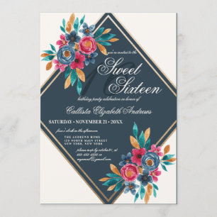 Invitation Pays Automne Bleu Aquarelle Or Fleurs Douces 16