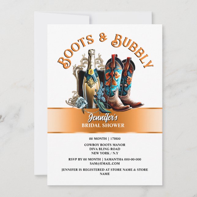 Invitation Pays bottes de cowboy été orange bulle chic (Devant)