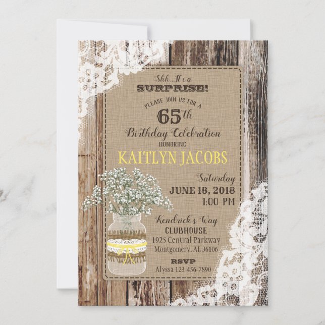 Invitation Pays Bouquet Dentelle en bois Anniversaire rustiqu (Devant)