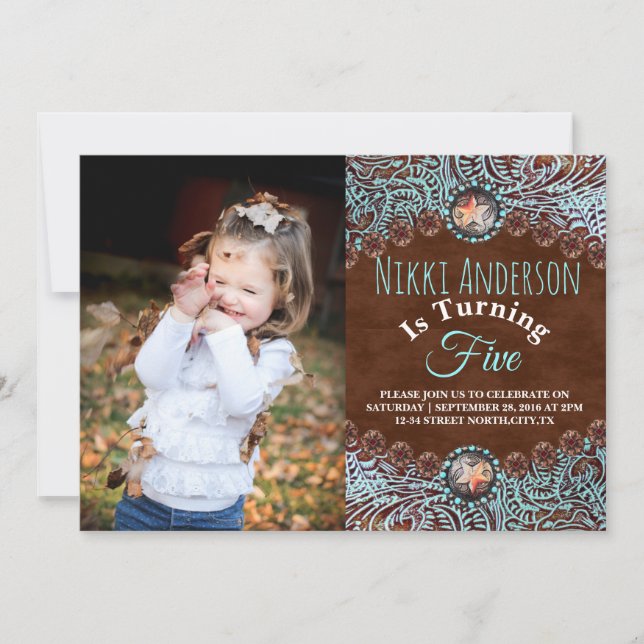 Invitation pays brun turquoise ouest fête d'anniversaire (Devant)