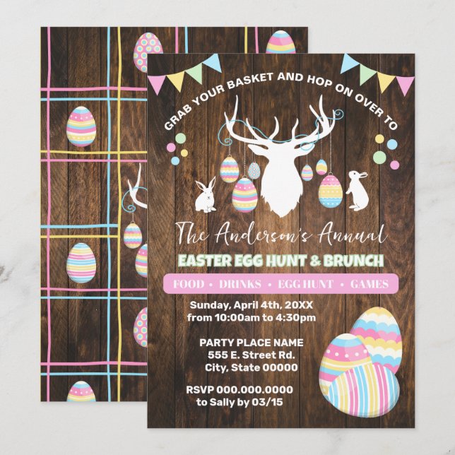 Invitation Pays Chasse aux oeufs de Pâques et Brunch Deer Bun (Devant / Derrière)