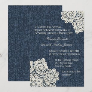 Invitation Pays Chic Denim Damask & Ivory Lace Mariage 3
