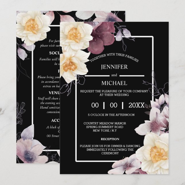 Invitation Pays daffodique sombre moody botanique floral (Devant / Derrière)