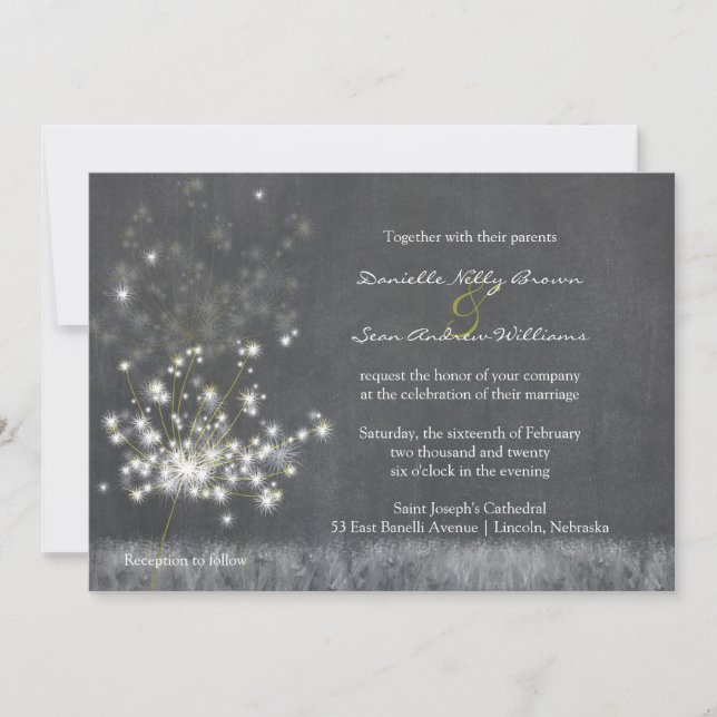 Invitation Pays Dandelions Mariage en niveaux de gris (Devant)