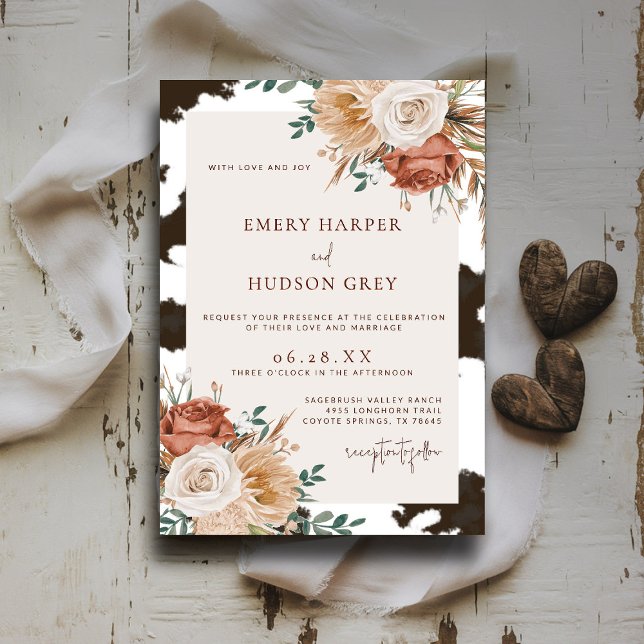 Invitation Pays de la vache Occidentale Cowboy Boho Floral Ma (western wedding invitation cowhide boho floral ranch country barn terracotta rust watercolor)
