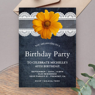 Invitation Pays Denim Dentelle Tournesol fête d'anniversaire