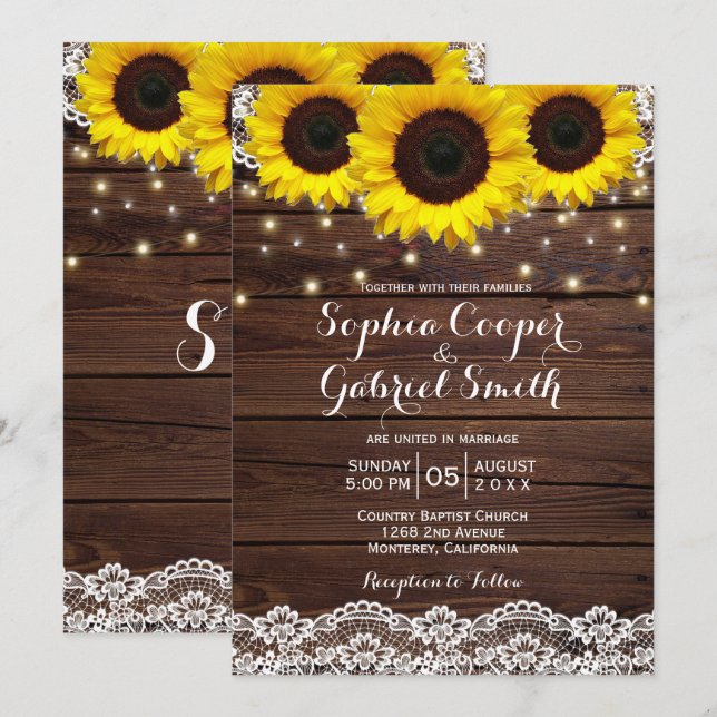 Invitation Pays Dentelle de tournesol rustique | Mariage bois (Devant / Derrière)