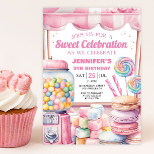 Invitation Pays des Friandises Rétro Fille Anniversaire Rose