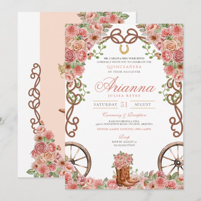 Invitation Pays d'or rose Western Charra Ranch Quinceañera (Devant / Derrière)