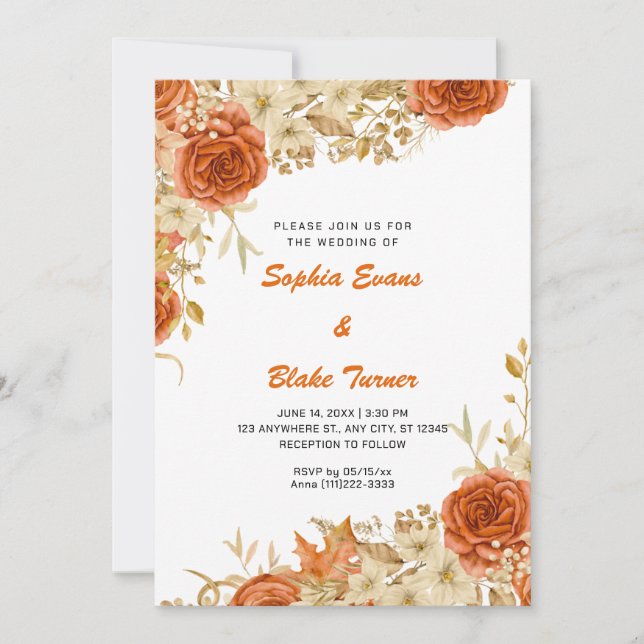 Invitation Pays élégant Roses orange chute Mariage blanc (Devant)