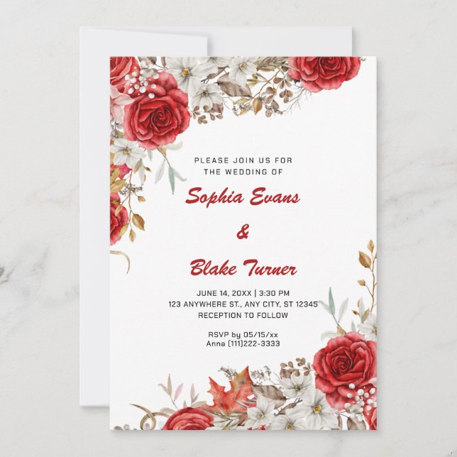 Invitation Pays élégant Roses rouges Chute Mariage blanc (Devant)
