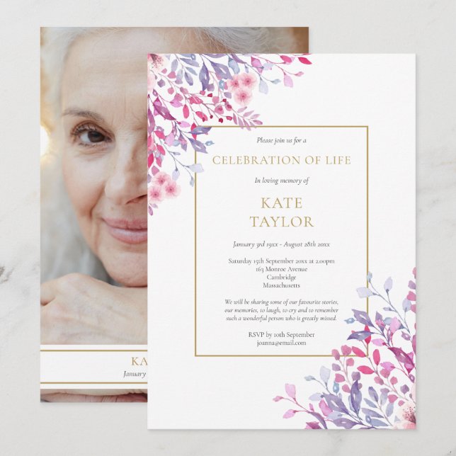 Invitation Pays Floral Photo Funérailles Célébration de la vi (Devant / Derrière)
