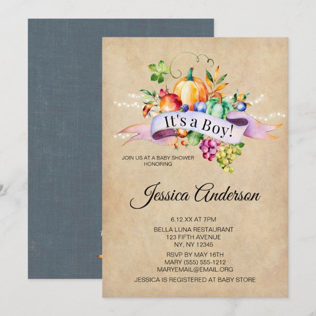 Invitation Pays Lumières d'automne Baby shower garçon (Devant / Derrière)