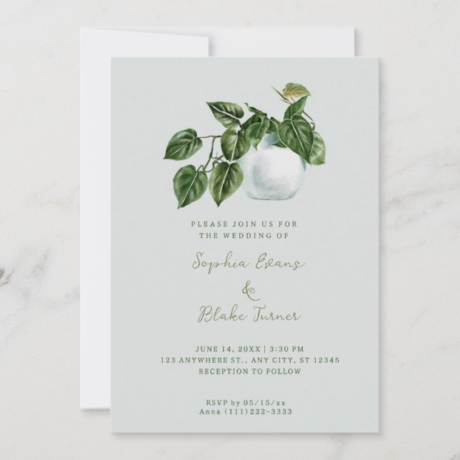 Invitation Pays moderne Postal Plante Vert clair Mariage (Devant)