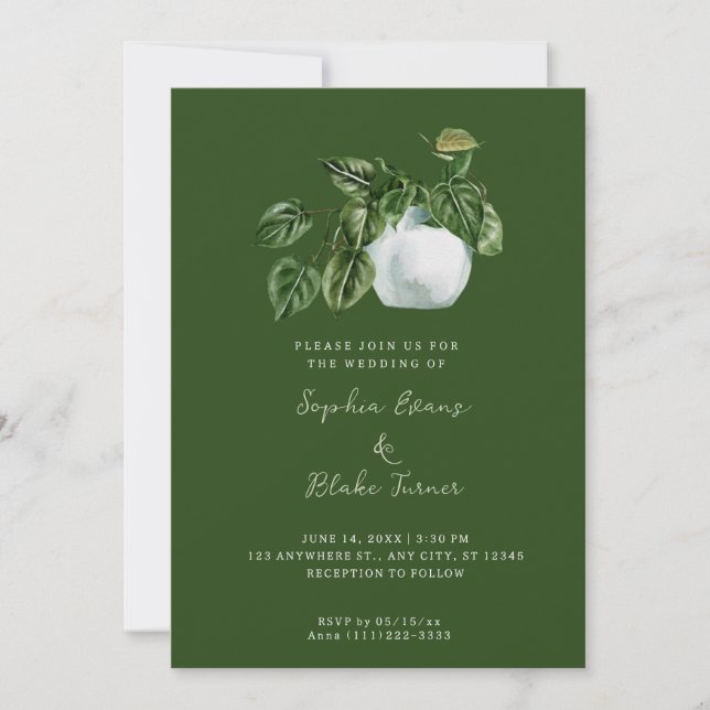 Invitation Pays moderne Poted Plante Vert foncé Mariage (Devant)