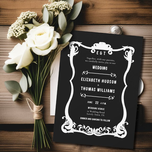 Invitation Pays Occidental Noir Blanc Formal Mariage élégant (country western black white wedding invitation vintage frame formal elegant modern ranch barn rustic)