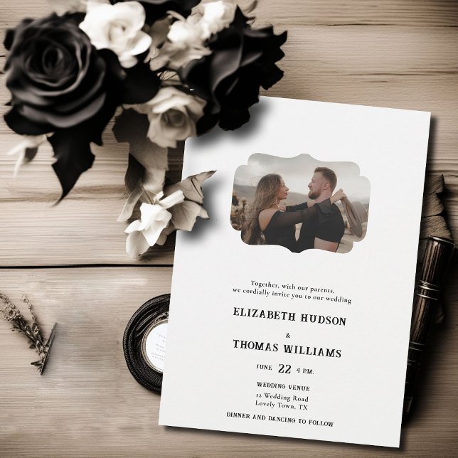 Invitation Pays Ouest noir blanc Mariage photo officiel (country western black white wedding invitation vintage photo frame formal elegant modern ranch barn )