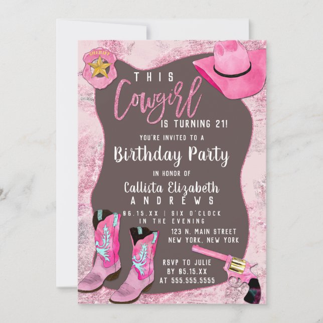 Invitation Pays Parties scintillant rose fille Aquarelle Anni (Devant)