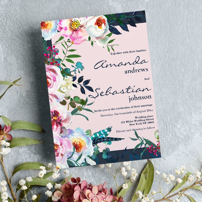 Invitation Pays rose turquoise lilas Aquarelle mariage floral (Country pink teal lilac Watercolor floral wedding)
