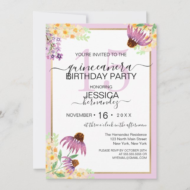 Invitation Pays rose violet jaune Fleur sauvage Quinceañera (Devant)