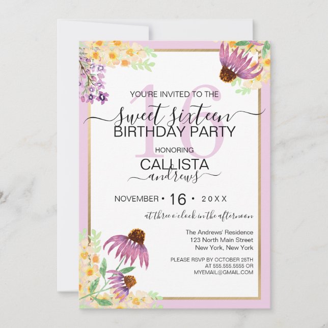 Invitation Pays Rose violet jaune Fleurs sauvages doux 16 (Devant)