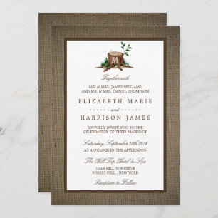 Invitation Pays Russe Monogramme Arbre et Mariage de Burlap